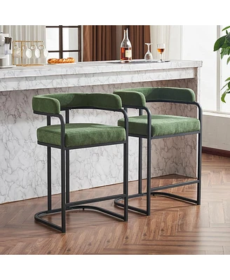 Modern Chenille Bar Stools Set of 2 Upholstered Counter Height Chairs with Armrests and Metal Frame for Kitchen Island Dining Room Home Bar-The Pop Ho