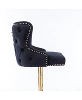 Velvet Adjustable Bar Stool with Tufted Backrest Lion Head Ring and Gold Metal Base for Kitchen Island Dining Room or Home Set of 1-The Pop