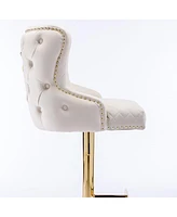 Velvet Adjustable Bar Stool with Tufted Backrest Lion Head Ring and Gold Metal Base for Kitchen Island Dining Room or Home Set of 1-The Pop