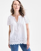 Style & Co Petite Eyelet Embroidered Cotton Flutter-Sleeve Top, Exclusively at Macy's