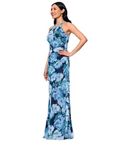 Betsy & Adam Women's Printed Mesh Halter-Neck Sleeveless Gown