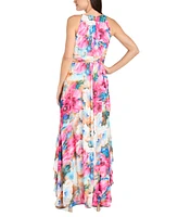 R & M Richards Petite Floral Halter Ruched-Waist Gown