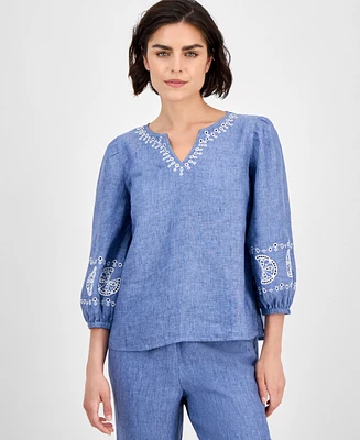 Charter Club Women's Embroidered 100% Linen Top, Exclusively at Macy's