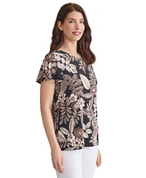 Jones New York Women's Printed Embellished-Neck Flutter-Sleeve Top