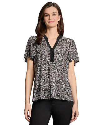 Jones New York Women's Printed Split-Neck Flutter-Sleeve Top