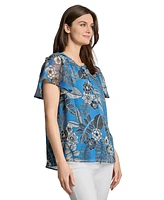 Jones New York Women's Printed Pleated-Shoulder Tie-Front Top
