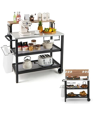 Rolling Bar Cart with Flip-up Table and Hooks for Kitchen