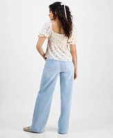 Planet Heart Juniors Sweetheart Neck Puff Sleeve Top Celebrity Pink Wide Leg Elastic Back Jeans