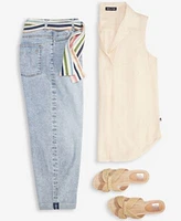 Nautica Jeans Womens Dobby Sleeveless Popover Top Belted Cropped Straight Leg Denim Jeans