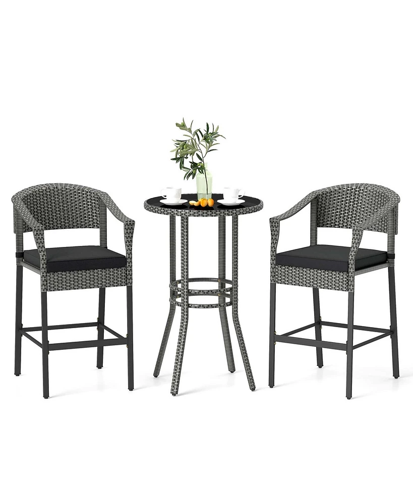 3-Piece Patio Rattan Bar Set Wicker Bar Height Armchairs & Round Table