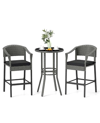 3-Piece Patio Rattan Bar Set Wicker Bar Height Armchairs & Round Table