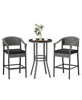3-Piece Patio Rattan Bar Set Wicker Bar Height Armchairs & Round Table