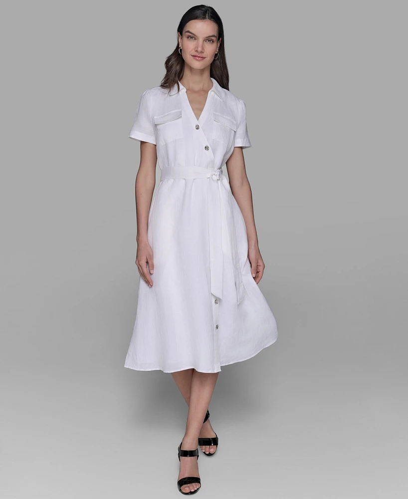 Karl Lagerfeld Paris Petite Novelty-Button Tie-Waist Midi Shirtdress