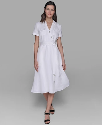 Karl Lagerfeld Paris Petite Novelty-Button Tie-Waist Midi Shirtdress