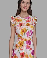 Karl Lagerfeld Paris Petite Floral-Print Flutter-Sleeve Midi Dress