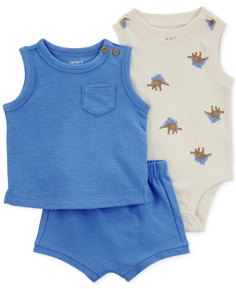 Carter's Baby Boys 3-Pc. Solid Tank and Shorts & Dino Bodysuit Set