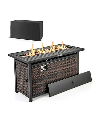 Propane Rattan Firepit Table with Glass Stones and Protective Cover