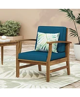 Acacia Wood Outdoor Lounge Chair with Blue Cushions