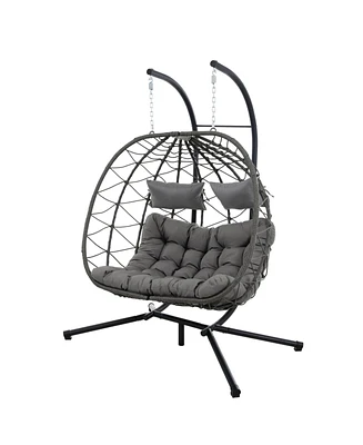 2 Persons Egg Indoor /Outdoor Swing Chair， Patio Wicker Hanging Egg Chair Hanging Basket Chair