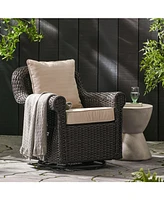 Dark Brown Swivel Faux Rattan Outdoor Patio Lounge Chair with Beige Cushions