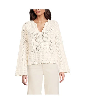 Lands' End Women's Cotton Boucle Pointelle Notch Neck Sweater