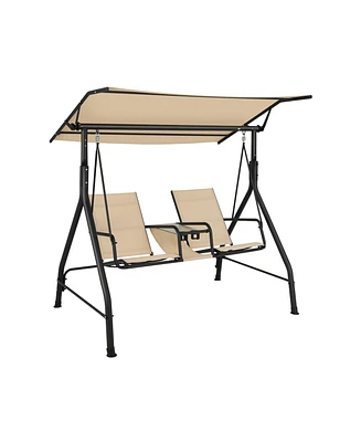 2-Seat Outdoor Cushioned Porch Swing with Adjustable Canopy and Tempered Glass Table