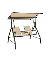 2-Seat Outdoor Cushioned Porch Swing with Adjustable Canopy and Tempered Glass Table