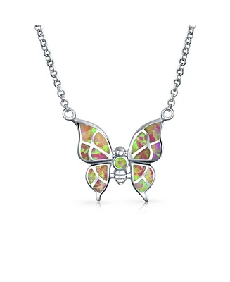 Bling Jewelry Butterfly Pink Created Opal Pendant 925 Sterling Silver Necklace