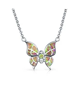 Bling Jewelry Butterfly Pink Created Opal Pendant 925 Sterling Silver Necklace