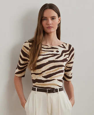 Lauren Ralph Women's Zebra-Print Stretch Cotton Boatneck Tee