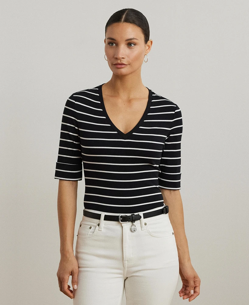 Lauren Ralph Women's Striped Cotton Elbow-Sleeve V-Neck Tee