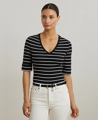 Lauren Ralph Women's Striped Cotton Elbow-Sleeve V-Neck Tee