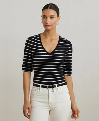 Lauren Ralph Lauren Womens Striped Cotton Elbow Sleeve V Neck Tee Xs P L