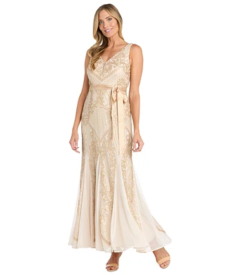 R & M Richards Petite Sequin Embellished V-Neck Sleeveless Gown