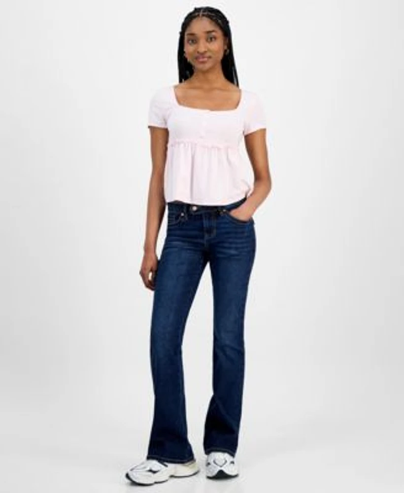 Hippie Rose Juniors Babydoll Square Neck Top Celebrity Pink Extended Tab Bootcut Jeans