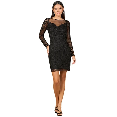 Lara Women's Long Sleeve Cocktail Dress with Illusion Neckline