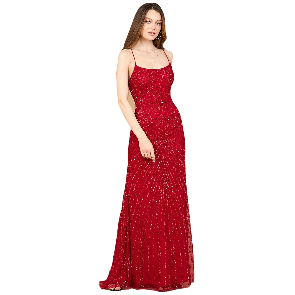 Lara Women's Lace Up Open Back Beaded Dress