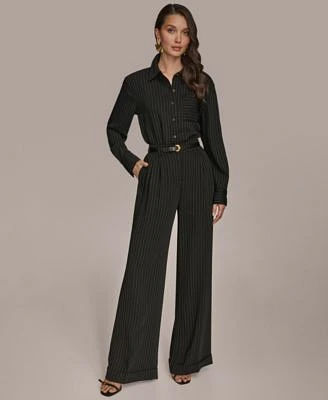 Donna Karan New York Womens Pinstripe Button Down Blouse Wide Leg Pants Regular Petite