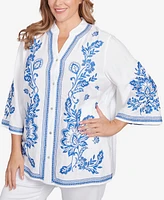 Ruby Rd. Plus Tidal Embroidered Button Front Top