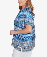 Ruby Rd. Plus Motif Stripe Embroidered Puff Print Top