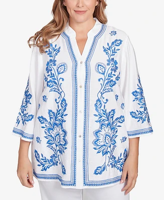 Ruby Rd. Plus Tidal Embroidered Button Front Top