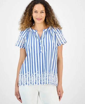 Style & Co Petite Striped Eyelet Top, Exclusively at Macy's