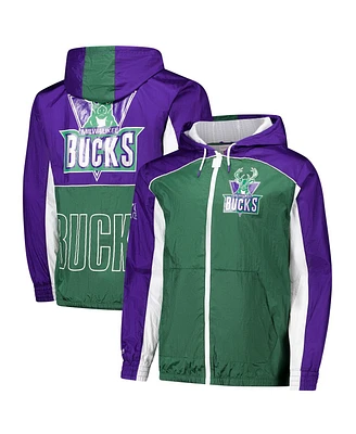 Mitchell & Ness Men's Green/Purple Milwaukee Bucks Hardwood Classics Big Shot Premium Full-Zip Windbreaker Jacket
