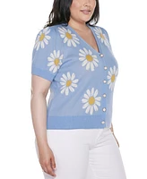 Belldini Plus Daisy Jacquard V-Neck Cardigan Sweater