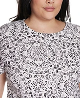 Belldini Plus Printed Eyelet Tie-Front Knit Top
