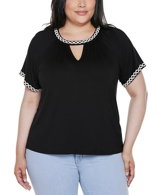 Belldini Plus Crochet-Trim Short Sleeve Knit Top