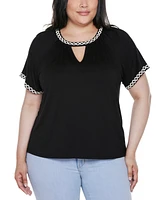 Belldini Plus Crochet-Trim Short Sleeve Knit Top