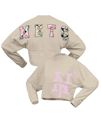 Fanatics Women's Cream New York Mets Floral Preppy Cropped Long Sleeve T-Shirt