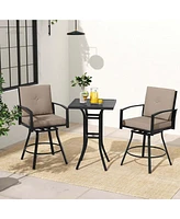 3 Pcs Patio Swivel Bar Set Table and Chairs Set with Soft Cushions & Umbrella Hole