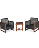 Gymax 3PCS Rattan Wicker Patio Conversation Set Outdoor Furniture Set w/ Turquoise Cushion